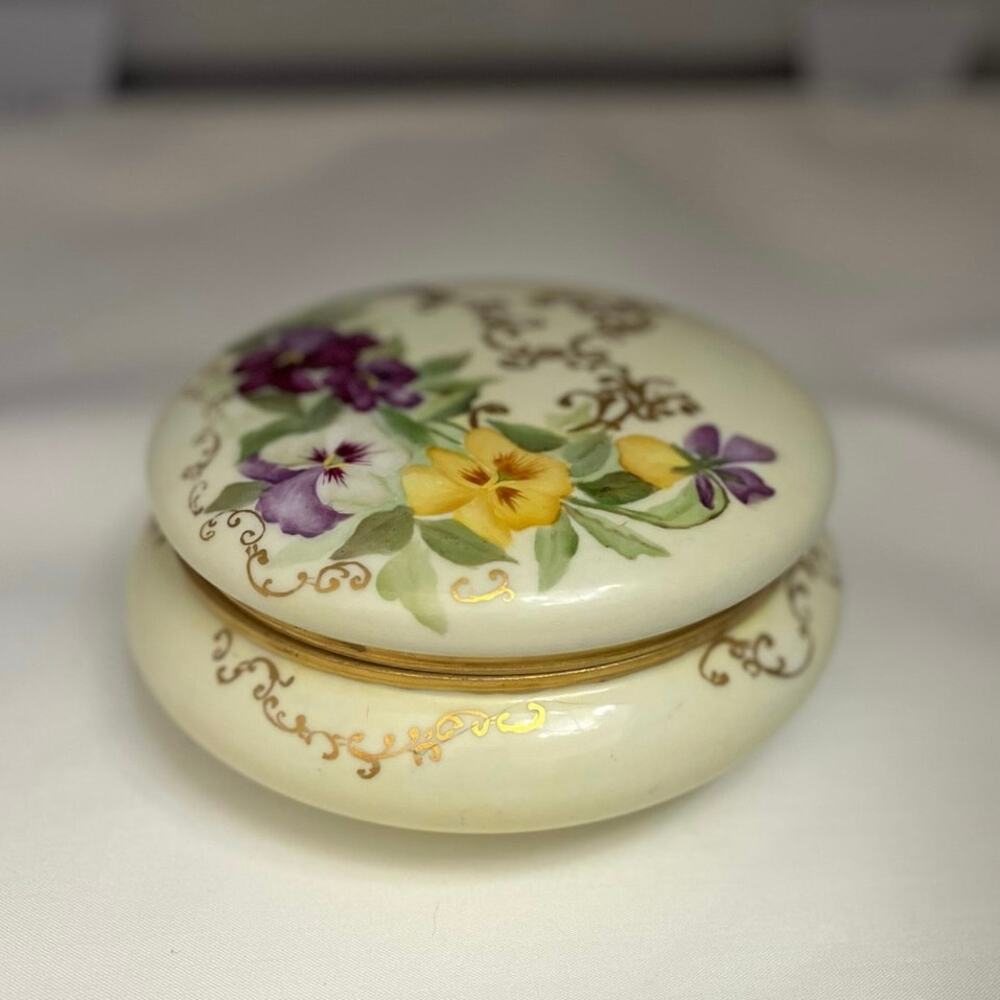 Vintage D&C France Hand Painted Porcelain Trinket Box | Gold Scroll- Cottagecore